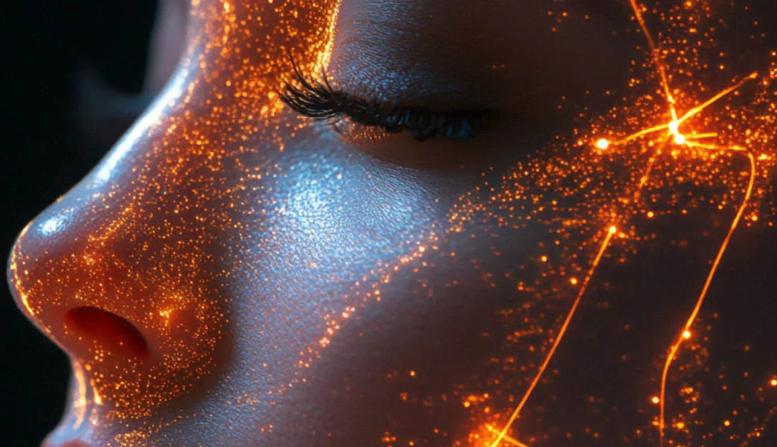 Glowing skin with orange light therapy effects, showcasing radiant complexion and anti-aging benefits